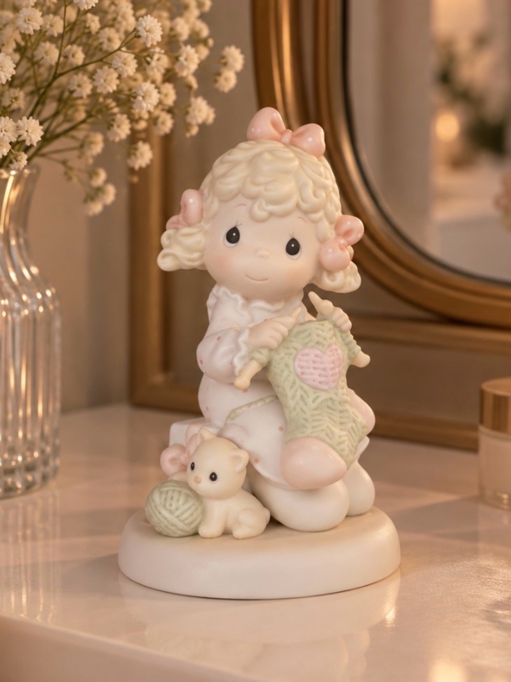 Precious Moments Cream, Pink, Green Figurine Girl Knitting with Kitten